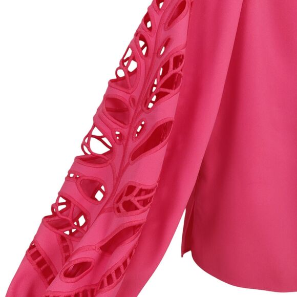 Reiss Belle Laser Cutout Blouse Size 4 Coral Pink Rose Keyhole Long Sleeve Top - Picture 3 of 12